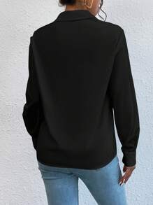 EMERY ROSE Women Front Button Long Sleeve Minimalist Embroidered Casual Blouse Women Shirt Fall Cloth For Women - Black - View 2