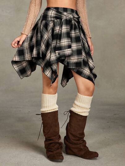PETITE Jupe asymétrique à superposition avec lacets, style vintage grunge à carreaux