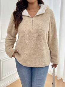 SHEIN Frenchy Plus Size Plain Zip-Up Long Sleeve Casual T-Shirt - Apricot - View 5