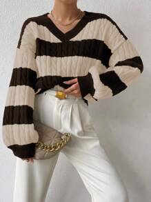 Chiquease V领麻花针织撞色条纹印花休闲套头毛衣，秋冬款 - 巧克力棕 - 查看 6