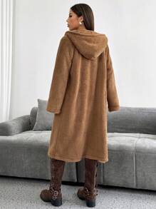 Muchica Women's Solid Color Casual Hooded Fuzzy Mid-Length Coat