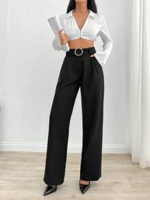 RueChic Women Solid Color High Waist Straight Pants With Belt Detail - Black - View 4