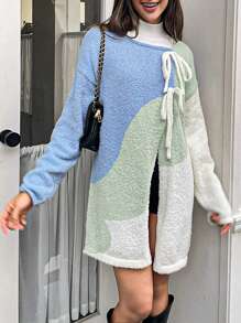 SHEIN Unity Contrast Color Front Tie Casual Versatile Long Sleeve Knit Cardigan Fall Cloth For Women - Multicolor - View 1