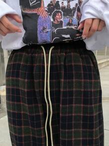 FRIFUL Women Plaid Drawstring Waist Wide Leg Pants, Casual, Autumn/Winter - Dark Green - View 6