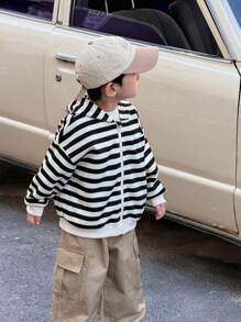 1 Piece Young Boys Casual College Comfortable Fashion Simple Practical Japan And South Korea Relaxed All-Match Soft Comfortable Striped Comfortable Thick Warm Sweatshirt Suitable For Outdoor Play Suitable For Kids Outfits School Back To School Boys Setboys Outfits Daily Suitable For School Suitable For Travel Suitable For Sports Suitable For Autumn And Winter - Black and White - View 6