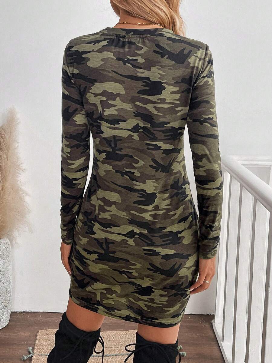 SHEIN LUNE Women Casual Camouflage Twist Long Sleeve Dress For Autumn
