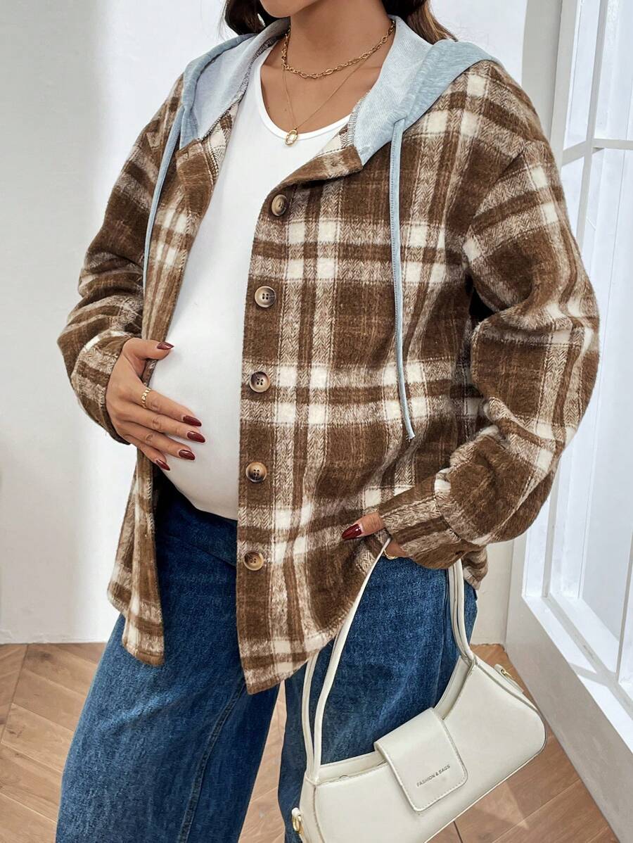 SHEIN Hooded Color Block Plaid Patchwork Buttoned Drawstring Maternity Jacket, Women Autumn Outerwear - Khaki - View 1