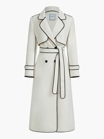 MOTF PREMIUM 羊毛对比滚边翻领双排扣系腰带长款大衣