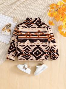 SHEIN 1pc Young Boy Casual Minimalist Totem Print Fleece Long Sleeve Jacket, Suitable For Daily Warm Up, School, Autumn/Winter - Multicolor - View 2