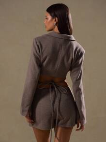 MUSERA 粗花呢格纹短款系带西装外套，优雅商务休闲风，适合夏季、春季、假期、毕业舞会、婚礼、生日等场合。 - 咖啡棕 - 查看 4