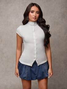 SHEIN BAE Women's Fall Women Outfits Solid Color Mock Neck Top Capped Sleeve Single-Breasted Casual Women Tops,Button Up Women Jersey Shirt