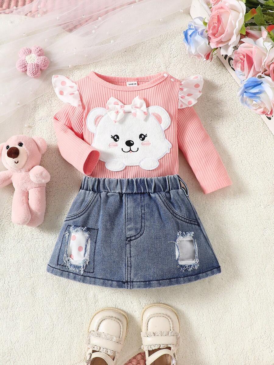1set Baby Girls Spring Autumn Winter Long Sleeve Bodysuit With Cute Bear Embroidery, Ribbed Collar & Snap Button, And 1set Denim Skirt With Distressed Pockets, Fuzzy Patch & Headband, Suitable For Casual Outing & Play - Pink - View 1