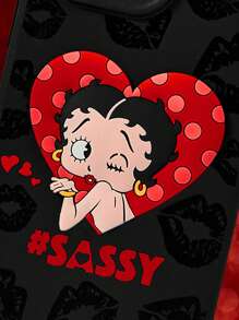 Betty Boop x SHEIN 黑色卡通人物图案和心形图案时尚手机壳、礼物、日 - 黑色 - 查看 6