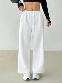SHEIN PETITE Casual Essential Simple White Drawstring Waist Loose Sweatpants - White - View 4