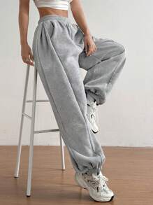 SHEIN Unity 女式厚毛绒高腰侧褶松紧腰宽松抽绳宽松运动裤秋冬季 - 淺灰色 - 查看 6