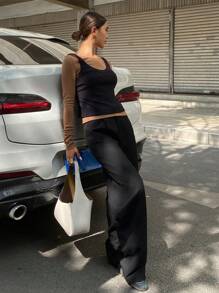 DAZY 2件套女士撞色修身圆领长袖T恤，秋季女士家居服套装 - 棕色 - 查看 5