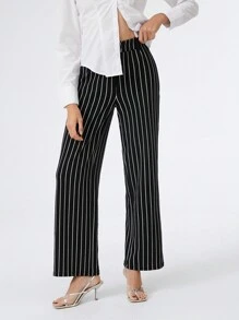 SHEIN EZwear Pantalones casuales rectos y holgados de punto con rayas negras para mujer