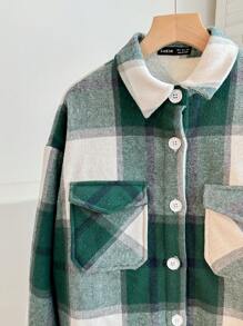 SHEIN Essnce 大码女士秋冬休闲时尚宽松运动大码保暖绿白衬衫纽扣夹克外套、冬季服装、街头服饰、Y2k、保暖外套、保暖衬衫、冬季女士外套