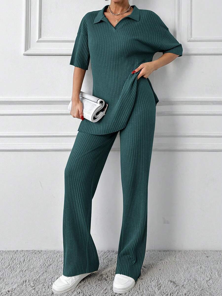 EURMUSE Cotton Two Pieces Set Polo Neck Top And Pant Set Rib Knit Fabric - Army Green - View 1