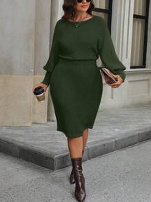 EMERY ROSE Plus Size Solid Color Round Neck Fitted Elegant Long Sleeve Sweater Dress, Winter Fall Cloth For Women - Army Green - View 5