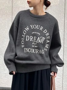 FRIFUL Áo len chui đầu dáng rộng in chữ cho nữ mùa thu, đông - Xám - Xem 4