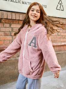 SHEIN Tween Girls Casual And Versatile Fuzzy Letter Print Hooded Jacket, Perfect For Winter Wear,In Fall, And Winter - Pink - View 7