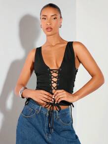 SHEIN BAE 女士纯色前系带无袖休闲上衣 - 黑色 - 查看 5