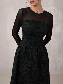 Poshira 1 Stück Damen elegantes Jacquardkleid mit raffender Taille, Mesh-Applikation und A-Linie Silhouette, Langarm, halbtragbar für Abschlussball, Hochzeitsgast, Abschlussfeier, Party - Schwarz - Übersicht 3