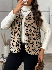 Calvaya Plus Size Casual Leopard Print Front Button Sleeveless Jacket For Autumn