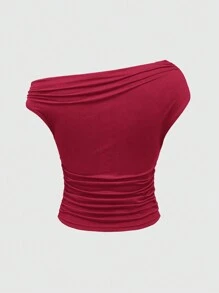 ROMWE Grunge Punk Y2K Harajuku Girls Millennium Retro Revived Tight Oblique Shoulder Ruched Women T-Shirt - Burgundy - View 2