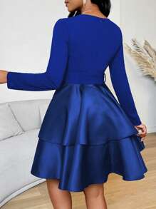 SHEIN Clasi Đầm ngắn tay dài buộc nơ phía trước màu trơn cho nữ - Xanh đậm - Xem 2