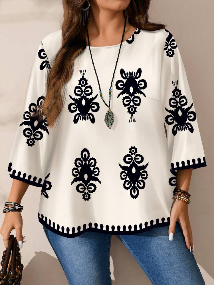 Plus Size Women Pattern Print Loose Casual Full-Print Round Neck 3/4 Sleeve Shirt,  Chic Blouses For Women,Flower/Spring/Summer/Vacation