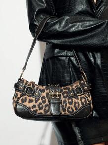 SHEIN BAE Bolso de hombro de mujer estampado de leopardo patchwork PU para ir a la ciudad, bolso de con estampado de leopardo para mujer, el leopardo está de vuelta