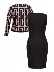 SHEIN Clasi Conjunto casual de talla grande de vestido sin mangas con bloques de color y cárdigan de manga larga de punto, primavera/otoño