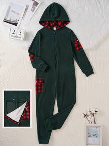 Boys Green Plaid Contrast Red Plaid Christmas High Stretch Fabric Jumpsuit Lounge Pants With Hoodie