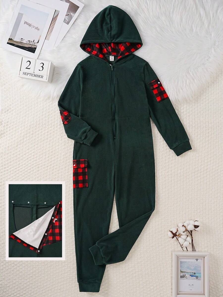 Boys Green Plaid Contrast Red Plaid Christmas High Stretch Fabric Jumpsuit Lounge Pants With Hoodie