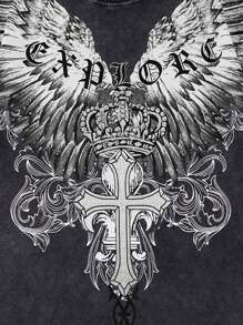 ROMWE MEN Men Gothic Style Washed Print Short Sleeve T-Shirt, Summer, Halloween - Black - View 5