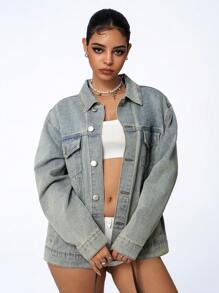 SHEIN ICON Chaqueta vaquera de manga larga con bolsillo y botones delanteros, de estilo sencillo y casual para mujer