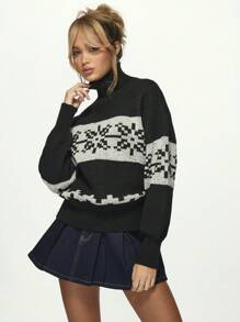 MISSGUIDED Jersey de cuello alto con patrón navideño de estilo nórdico en punto grueso, cálido y acogedor para el otoño y las fiestas