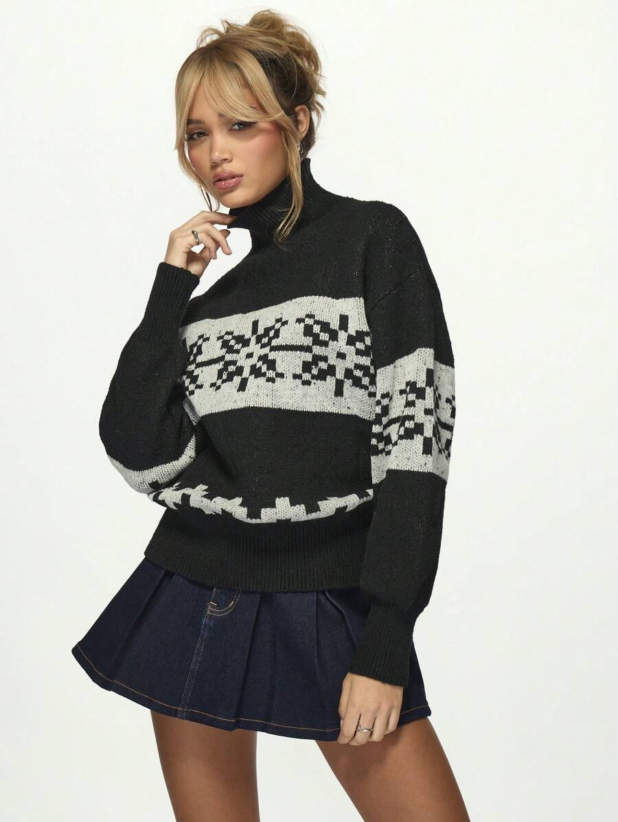 MISSGUIDED Jersey de cuello alto con patrón navideño de estilo nórdico en punto grueso, cálido y acogedor para el otoño y las fiestas