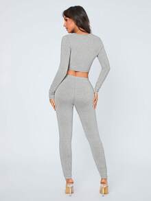 SHEIN SXY 2 件套女士纯色简约短款上衣和裤子套装，日常穿着 - 灰色 - 查看 4