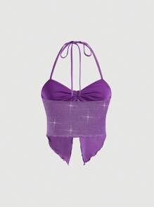 SHEIN MOD Women Neck-Tie Heart Button Ruched Asymmetrical Hem Cami Top - Purple - View 2