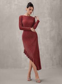 SHEIN Belle Women's Round Neck Long Sleeve Ruffle Sequin Patchwork Gown For Party/Banquet, Fashion Autumn And Winter Banquet Party Festival Princess Socialite Elegant Internet Celebrity Popular Dress, Daily Wear Elastic Gold Thread Fabric Dress, Formal Dinner Ball Dress, Christmas, New Year's Eve Can Be Worn For New Year, Wedding Guest Dress