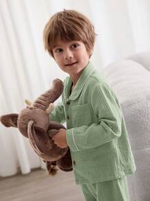 Cozy Pixies Bộ đồ ngủ gồm 2 chiếc áo len cardigan dài tay cổ viền tương phản cho bé trai và quần dài - màu xanh lá - Xem 3