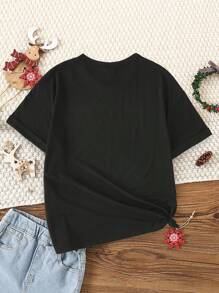 Christmas Graphic Deer Horn Sequin Plaid Stripe Bowknot Print Casual Basic Short Sleeve T-Shirt For Tween Girls, Suitable For Christmas Party