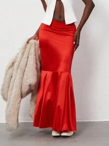 TRNVIE 1件装女士性感低腰缎面鱼尾裙，适合派对和圣诞节穿着 - 紅色 - 查看 1