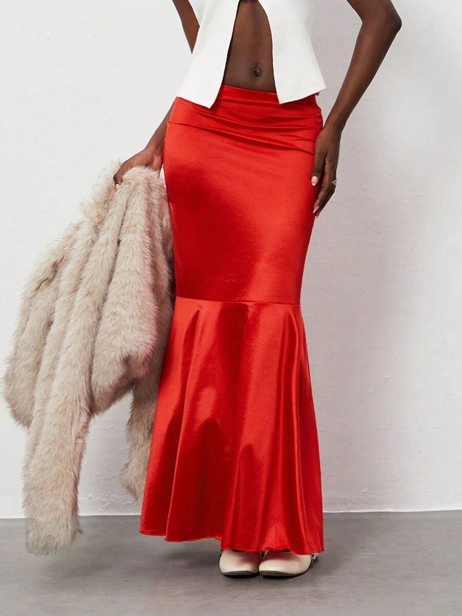 TRNVIE 1件装女士性感低腰缎面鱼尾裙，适合派对和圣诞节穿着 - 紅色 - 查看 1
