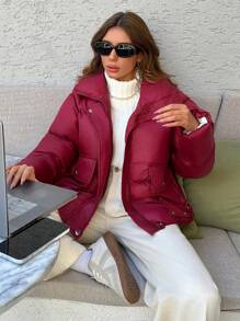SHEIN Cottnline Casaco de inverno com zíper detalhado e bolso frontal com gola alta e muito quente - Borgonha - Ver 3