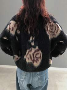 FRIFUL Women Crew Neck Long Sleeve Pattern Detail Casual Loose Knit Sweater,Fall Women Clothes