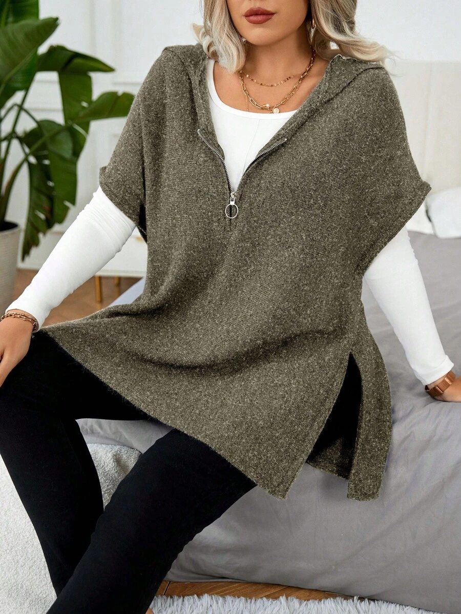 Calvaya 大码前拉链蝙蝠袖休闲连帽背心